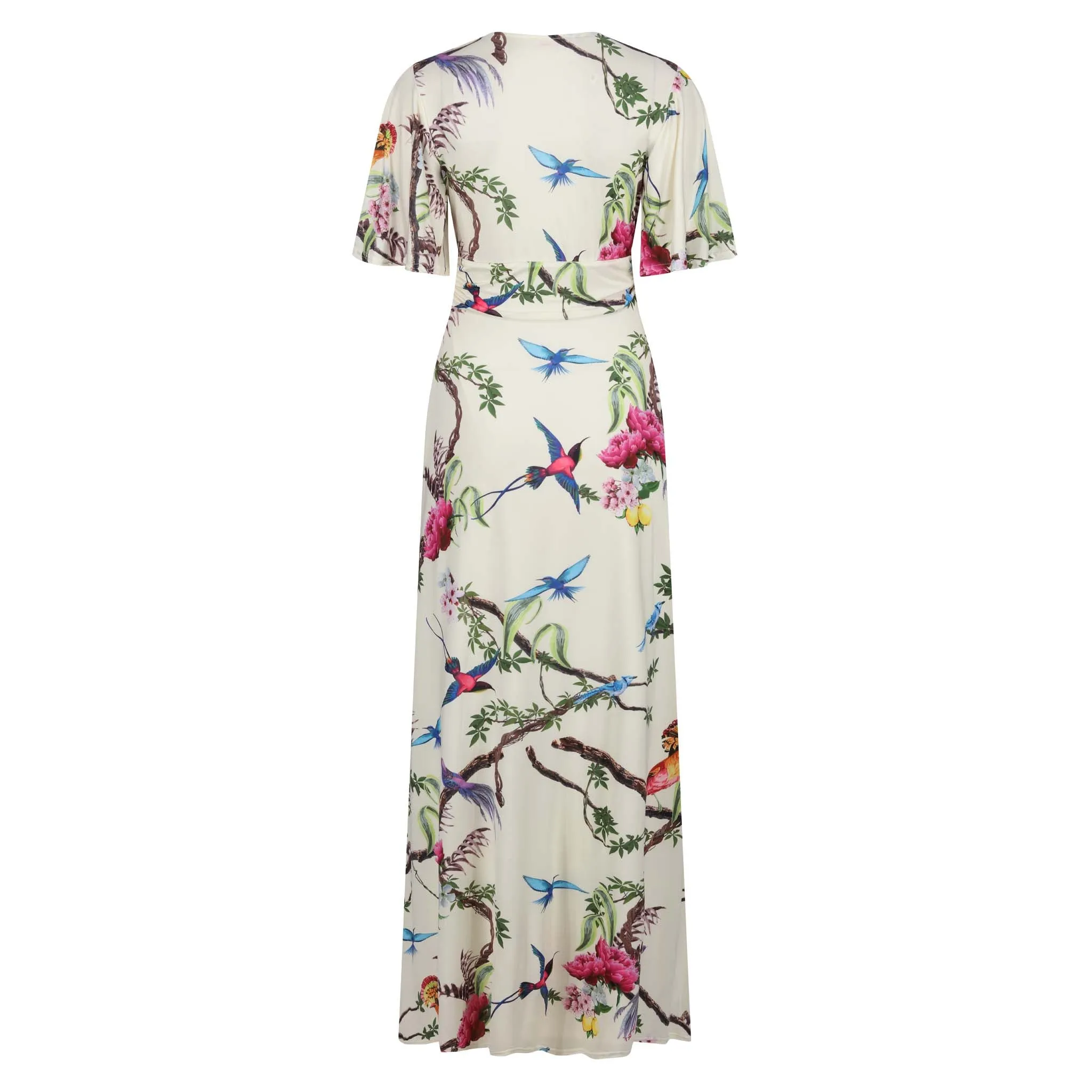 Pale Yellow Bird Print Waterfall Sleeve Maxi Dress