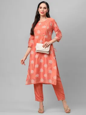 Peach Floral Printed Kurta With Trouser