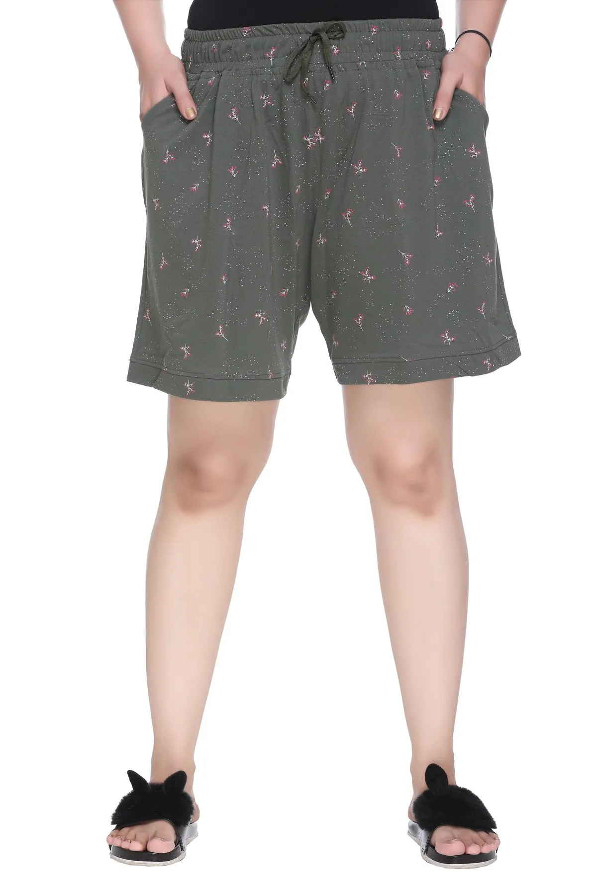 Plus Size Cotton Shorts For Women - Printed Bermuda - Olive Green