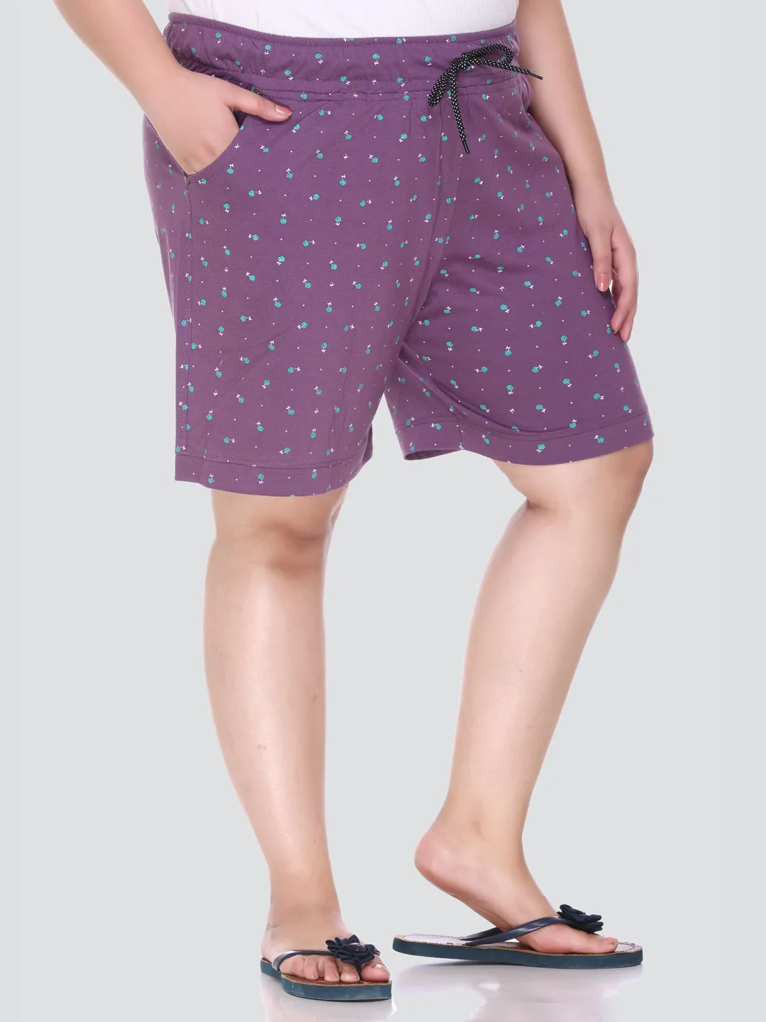 Plus Size Cotton Shorts For Women - Printed Bermuda - Purple