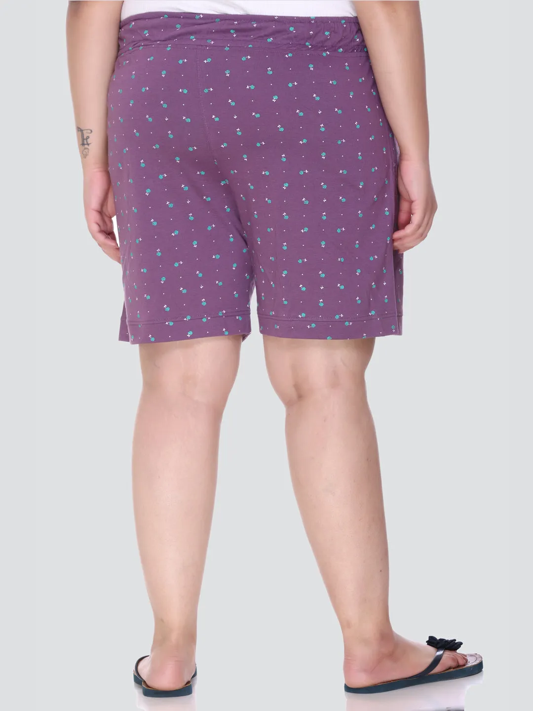 Plus Size Cotton Shorts For Women - Printed Bermuda - Purple