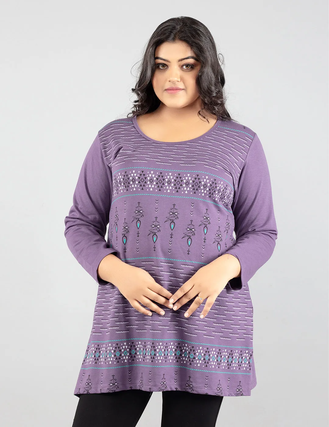 Plus Size Printed Long Tops For Women Full Sleeves - Pack of 2 (Lavender & Blue)