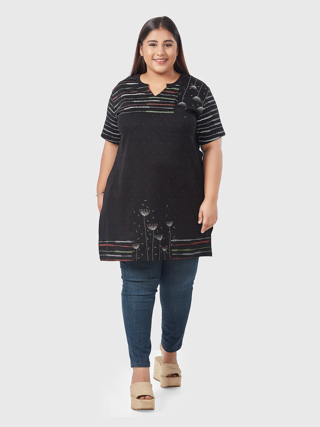 Plus Size Printed Long Tops For Women Half Sleeves