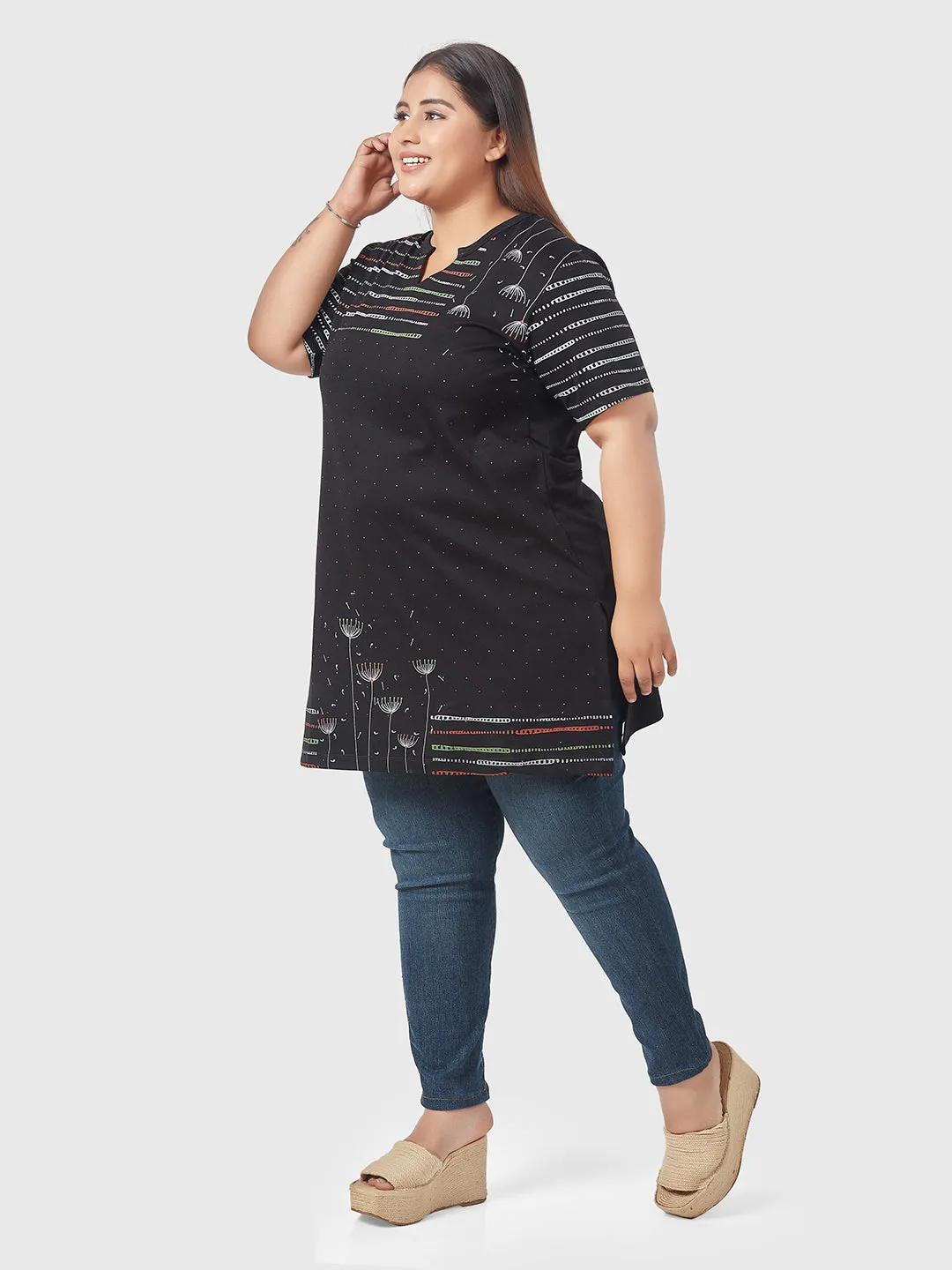 Plus Size Printed Long Tops For Women Half Sleeves