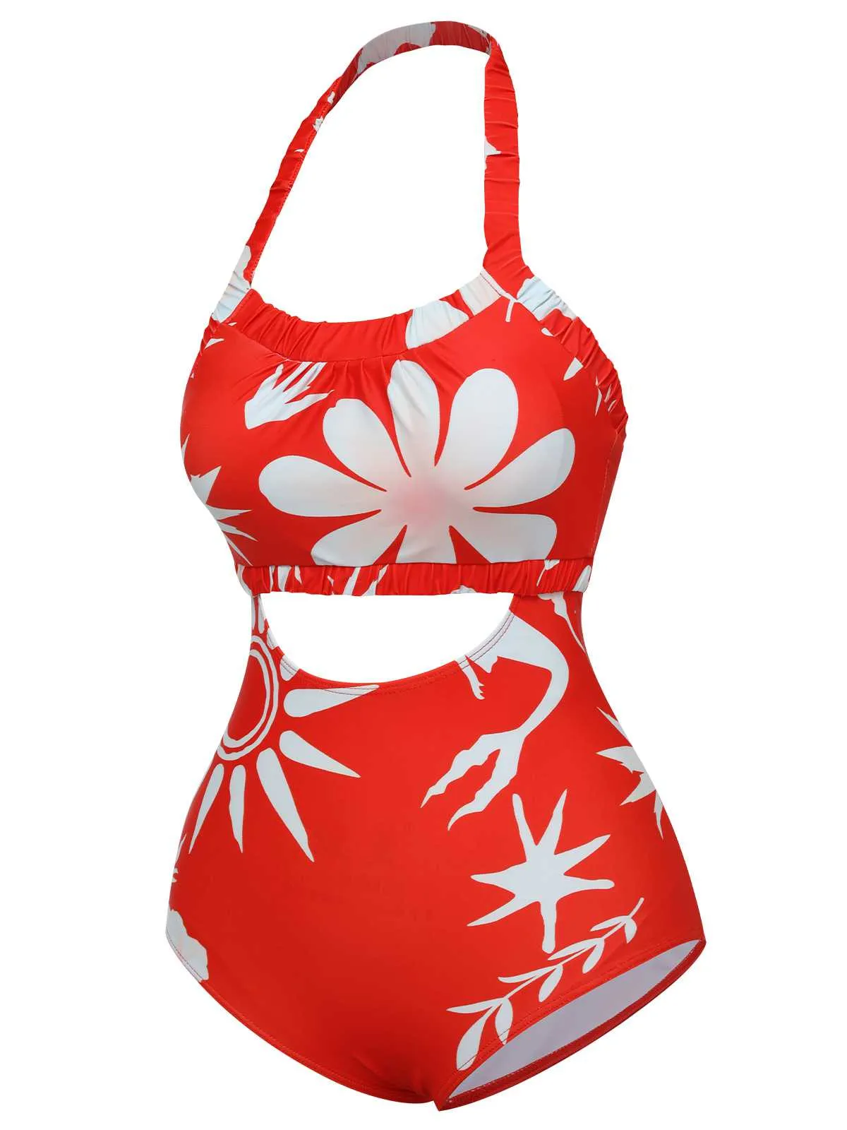 Red 1930s Halter Floral One-Piece Swimsuit