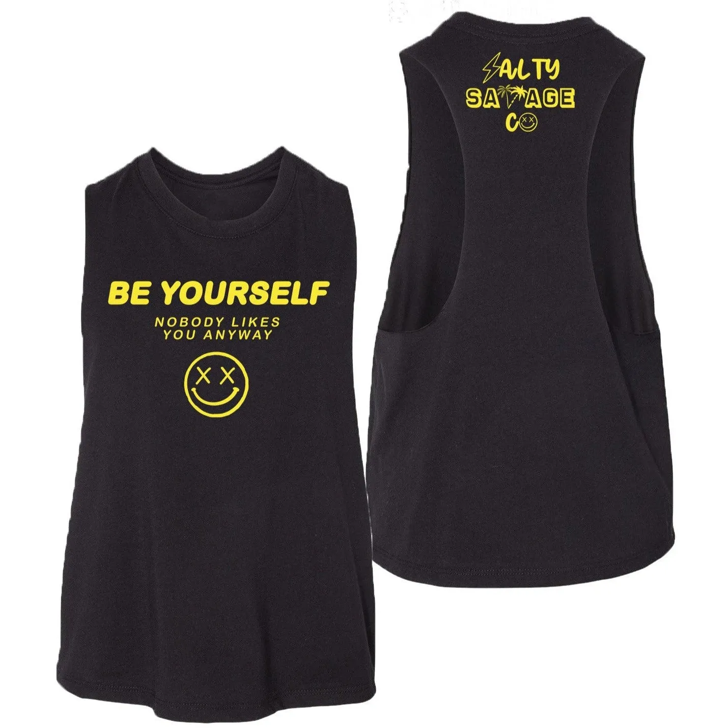 Salty Savage Ladies "Be Yourself" Flowy Crop Tank | Black/Yellow