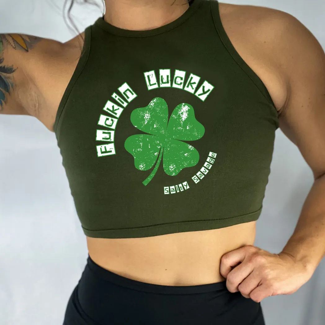 Salty Savage Ladies "Fuckin Lucky" High Neck Sleeveless Crop Tank