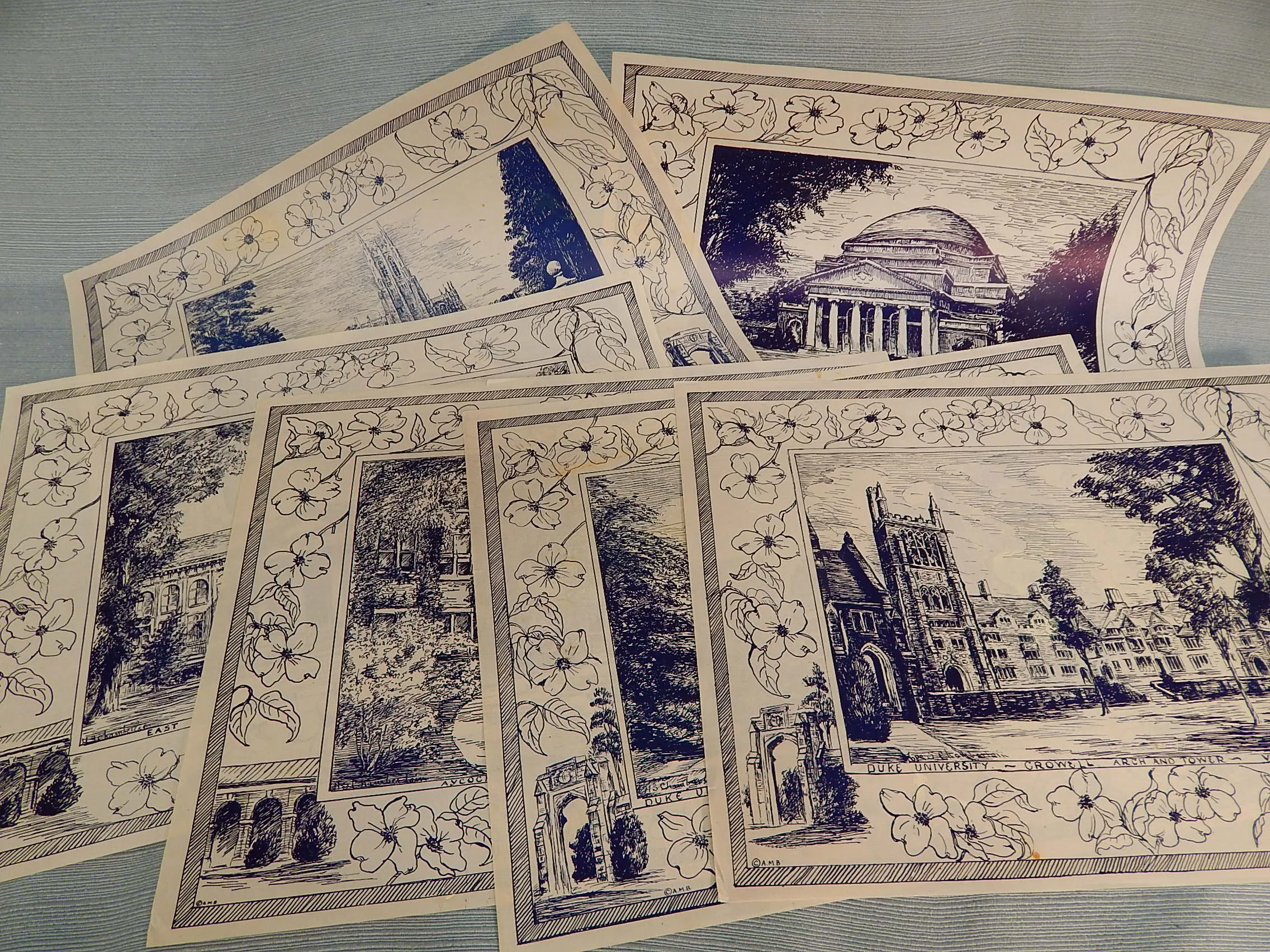 Set of 6 Ink Drawing Prints Of Duke University Landmarks - Very Good Vintage Condition