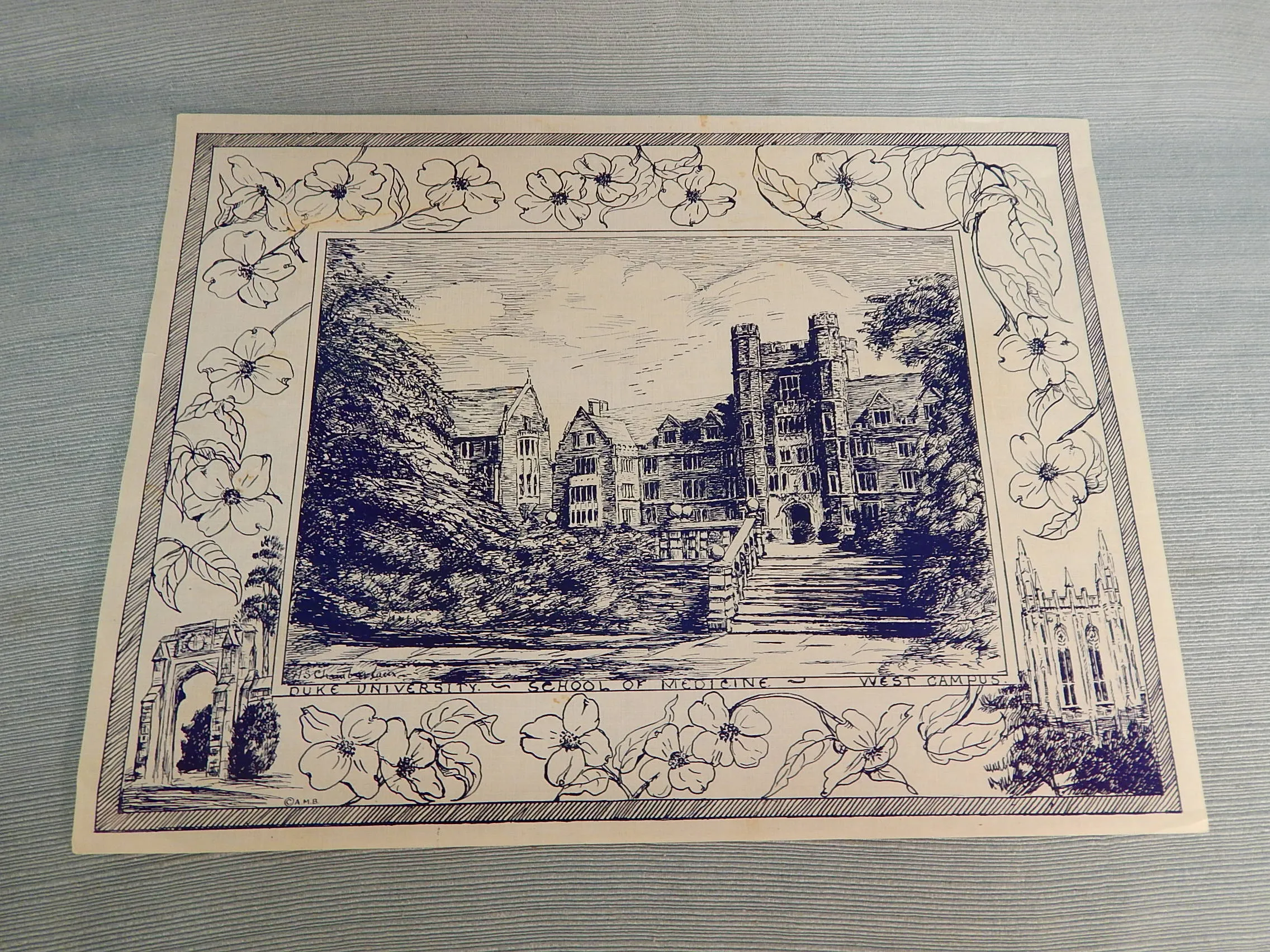 Set of 6 Ink Drawing Prints Of Duke University Landmarks - Very Good Vintage Condition