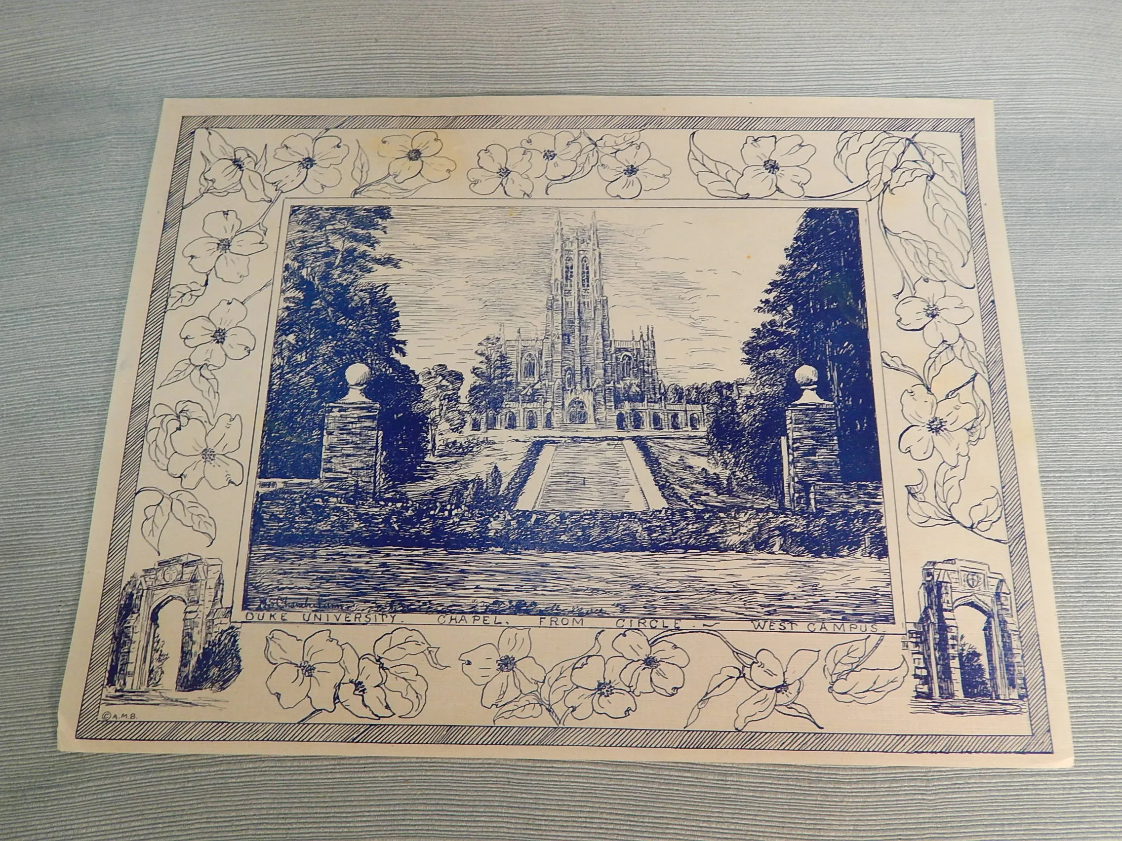 Set of 6 Ink Drawing Prints Of Duke University Landmarks - Very Good Vintage Condition