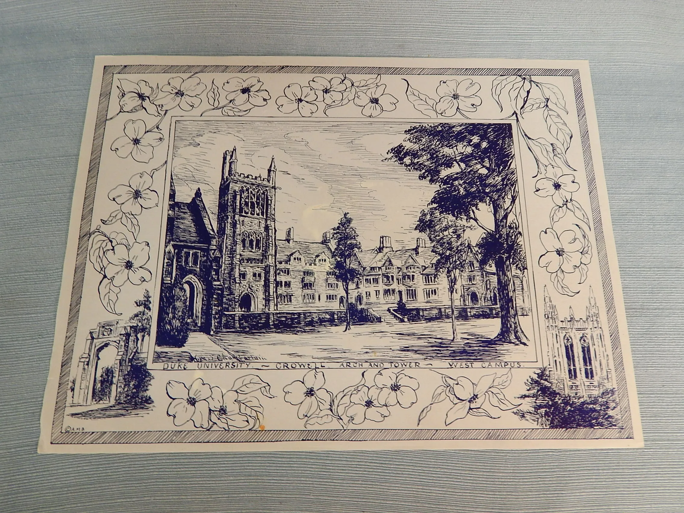 Set of 6 Ink Drawing Prints Of Duke University Landmarks - Very Good Vintage Condition