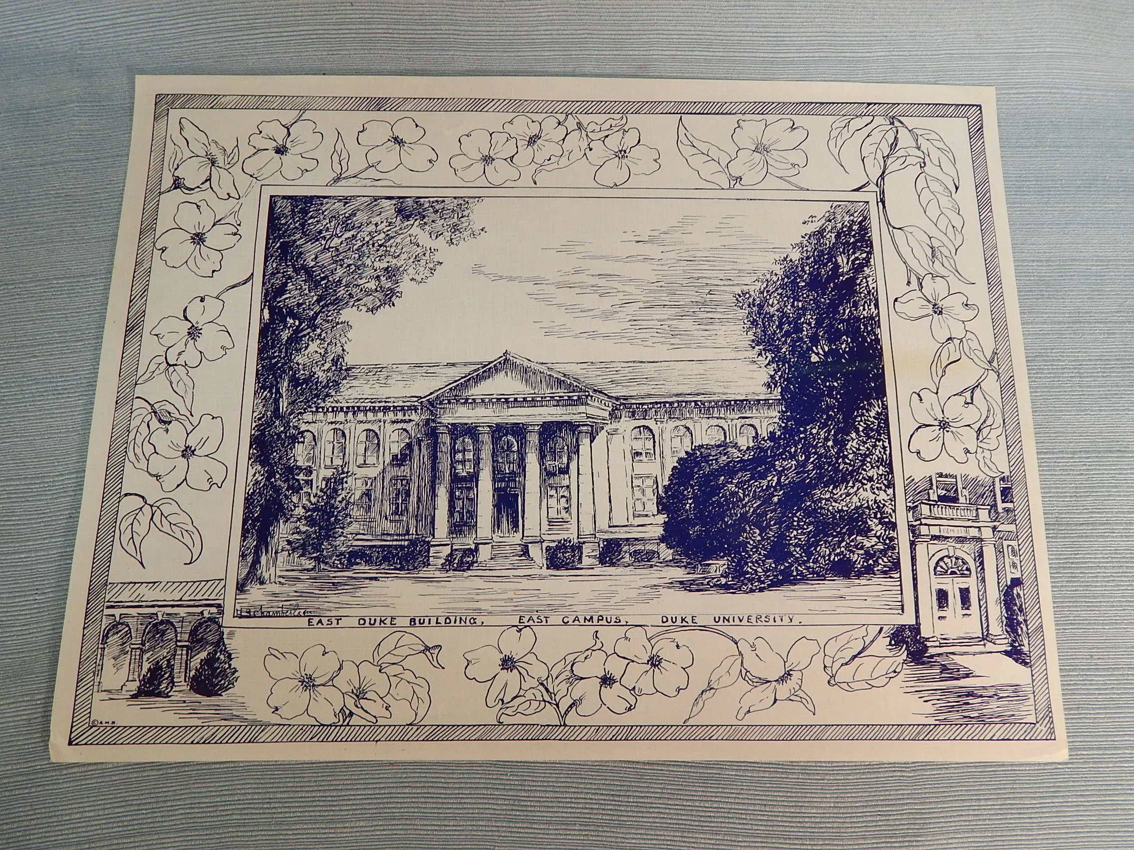 Set of 6 Ink Drawing Prints Of Duke University Landmarks - Very Good Vintage Condition