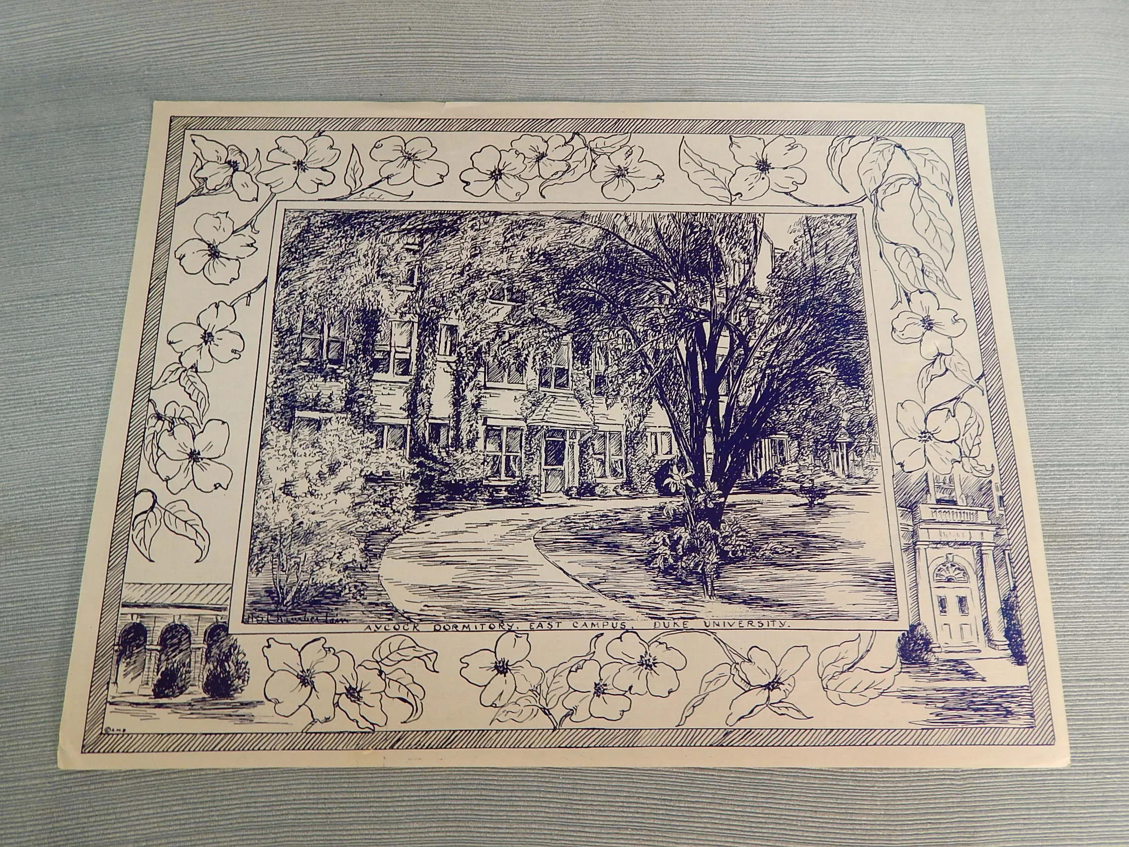 Set of 6 Ink Drawing Prints Of Duke University Landmarks - Very Good Vintage Condition