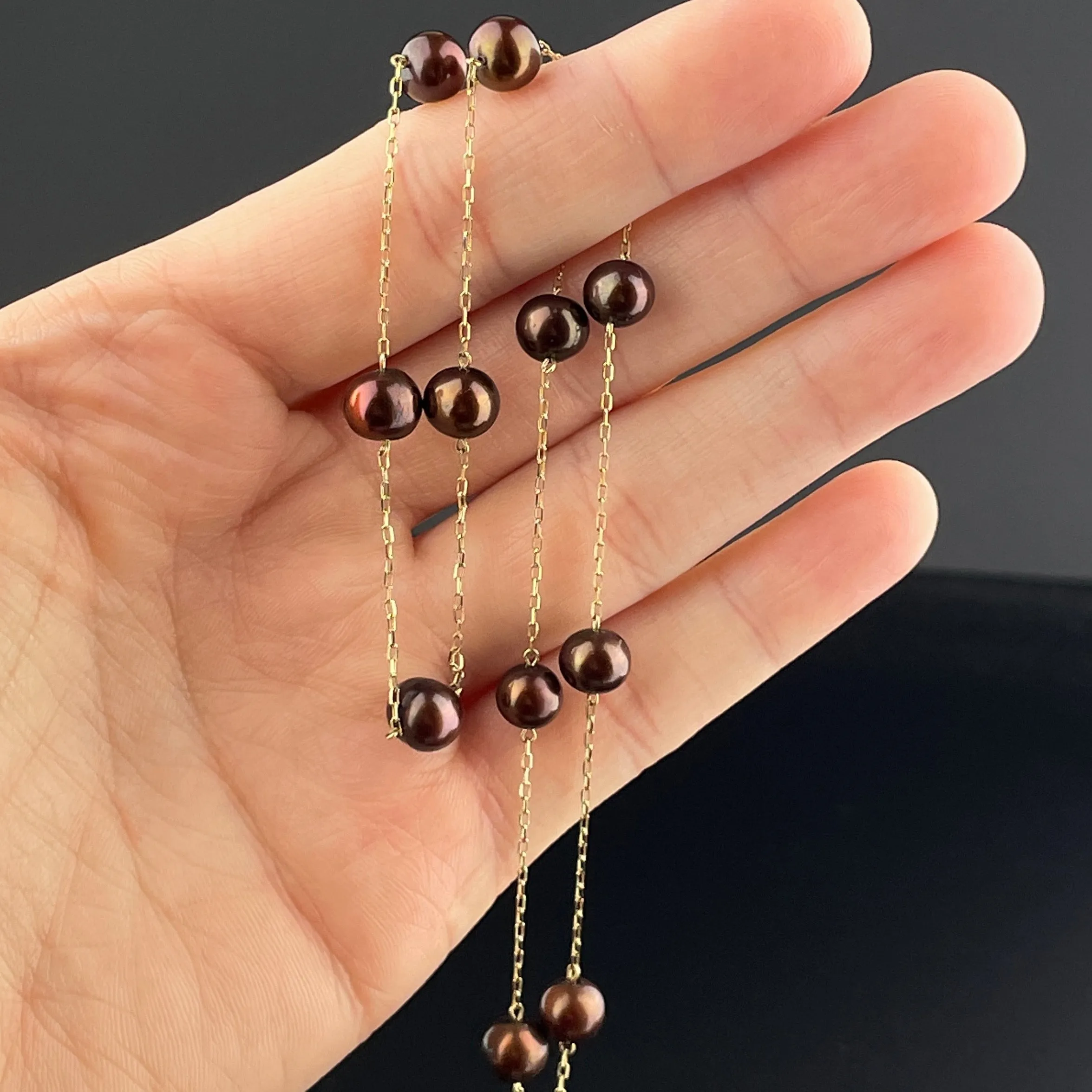 Solid 10K Gold Mocha Brown Pearl Tin Cup Necklace