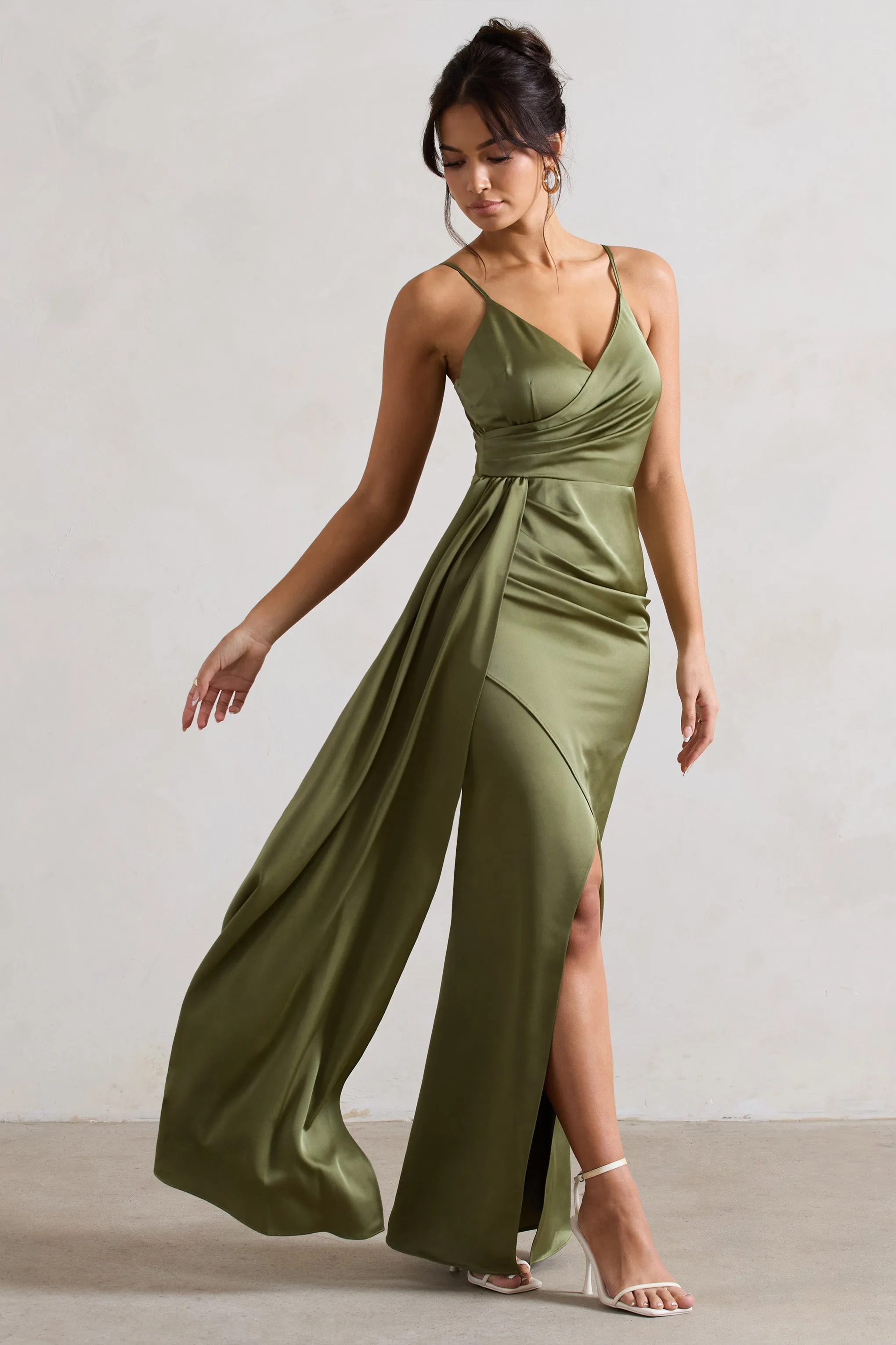 Soraya | Olive Green Satin V-Neck Split Maxi Dress With Drape