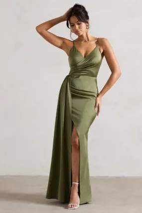 Soraya | Olive Green Satin V-Neck Split Maxi Dress With Drape