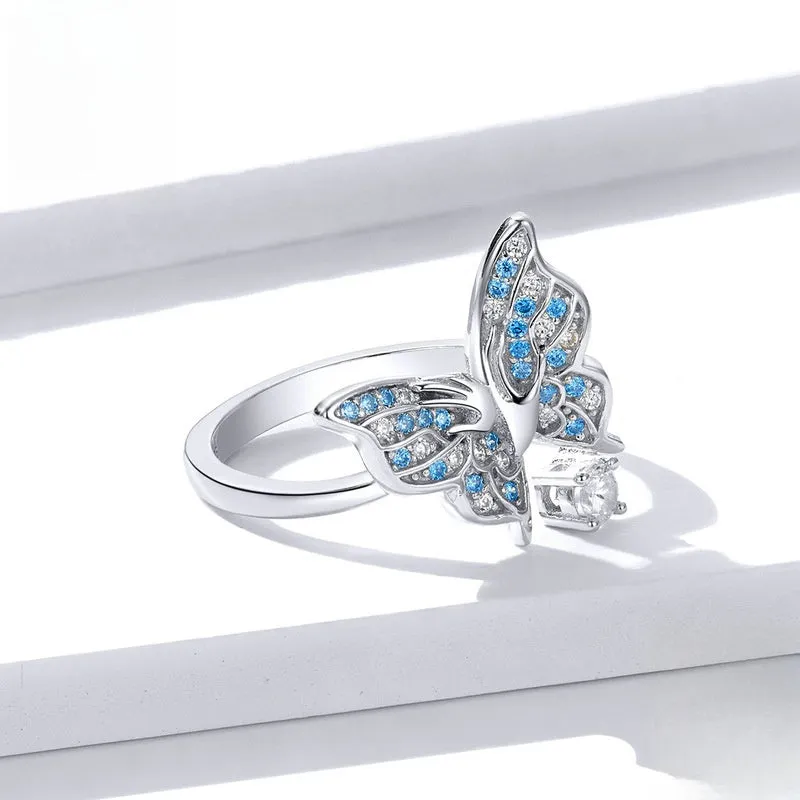 Sterling Silver Butterfly Blue Zircon Toi et Moi Ring