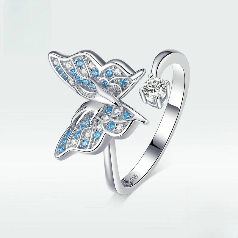 Sterling Silver Butterfly Blue Zircon Toi et Moi Ring