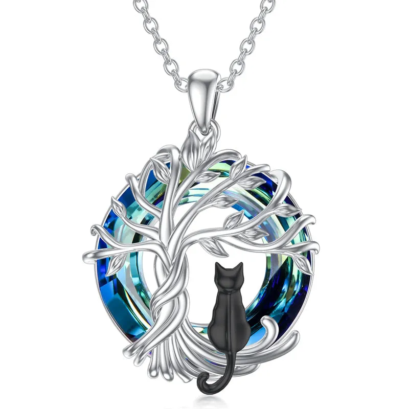 Sterling Silver Cat Tree of Life Pendant Necklace with Blue Circle Cat Necklace Crystal Birthday Christmas Gifts