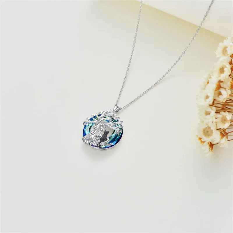 Sterling Silver Cat Tree of Life Pendant Necklace with Blue Circle Cat Necklace Crystal Birthday Christmas Gifts