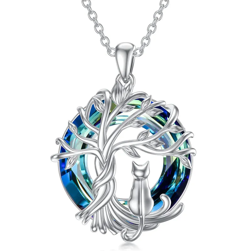 Sterling Silver Cat Tree of Life Pendant Necklace with Blue Circle Cat Necklace Crystal Birthday Christmas Gifts