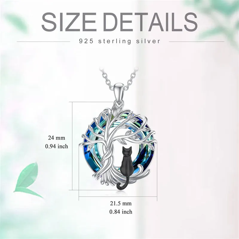 Sterling Silver Cat Tree of Life Pendant Necklace with Blue Circle Cat Necklace Crystal Birthday Christmas Gifts