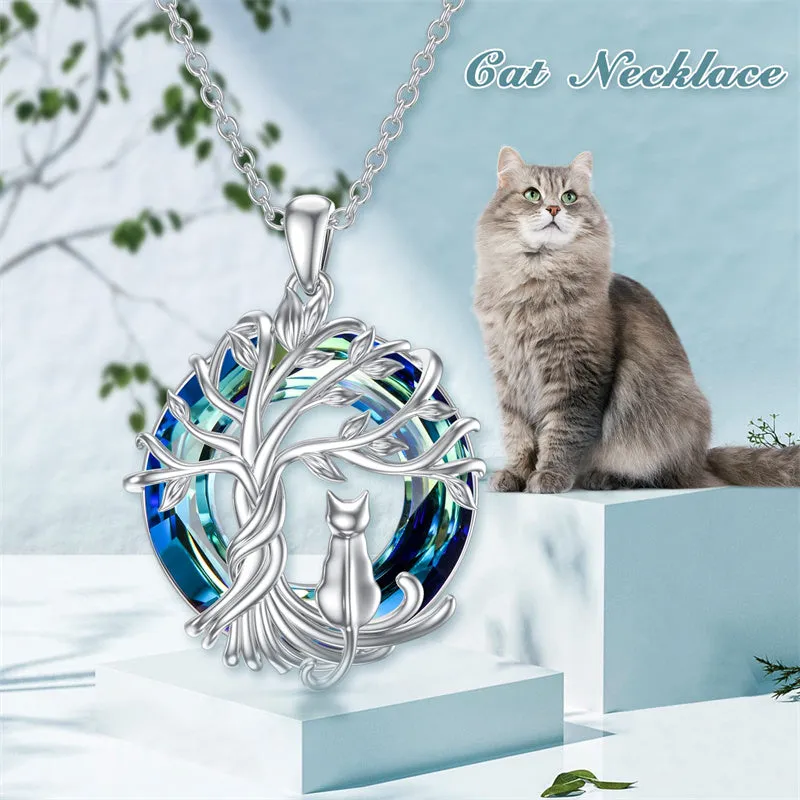 Sterling Silver Cat Tree of Life Pendant Necklace with Blue Circle Cat Necklace Crystal Birthday Christmas Gifts