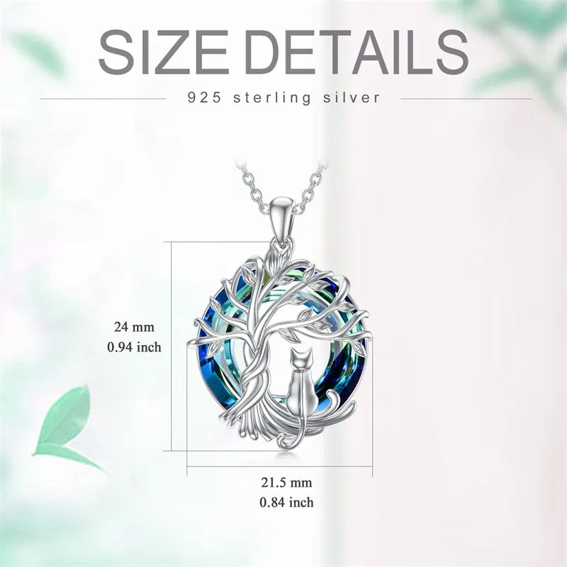 Sterling Silver Cat Tree of Life Pendant Necklace with Blue Circle Cat Necklace Crystal Birthday Christmas Gifts