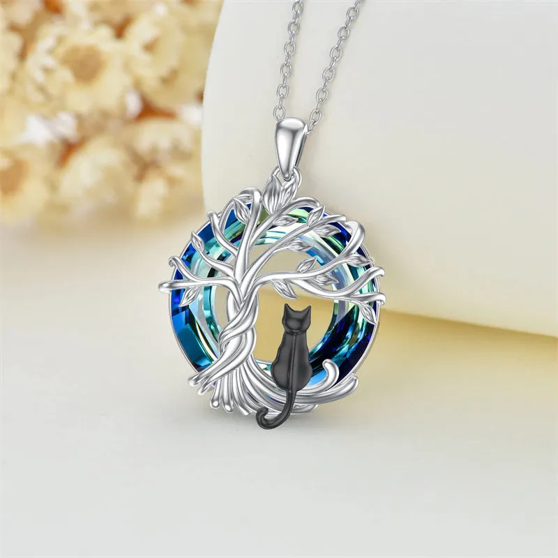 Sterling Silver Cat Tree of Life Pendant Necklace with Blue Circle Cat Necklace Crystal Birthday Christmas Gifts