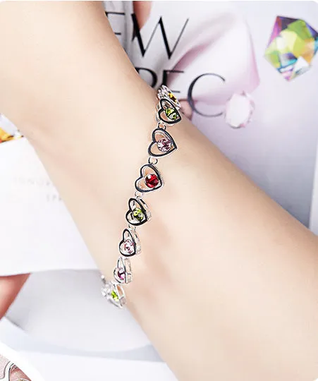 Sterling silver colorful aligned hearts bracelet