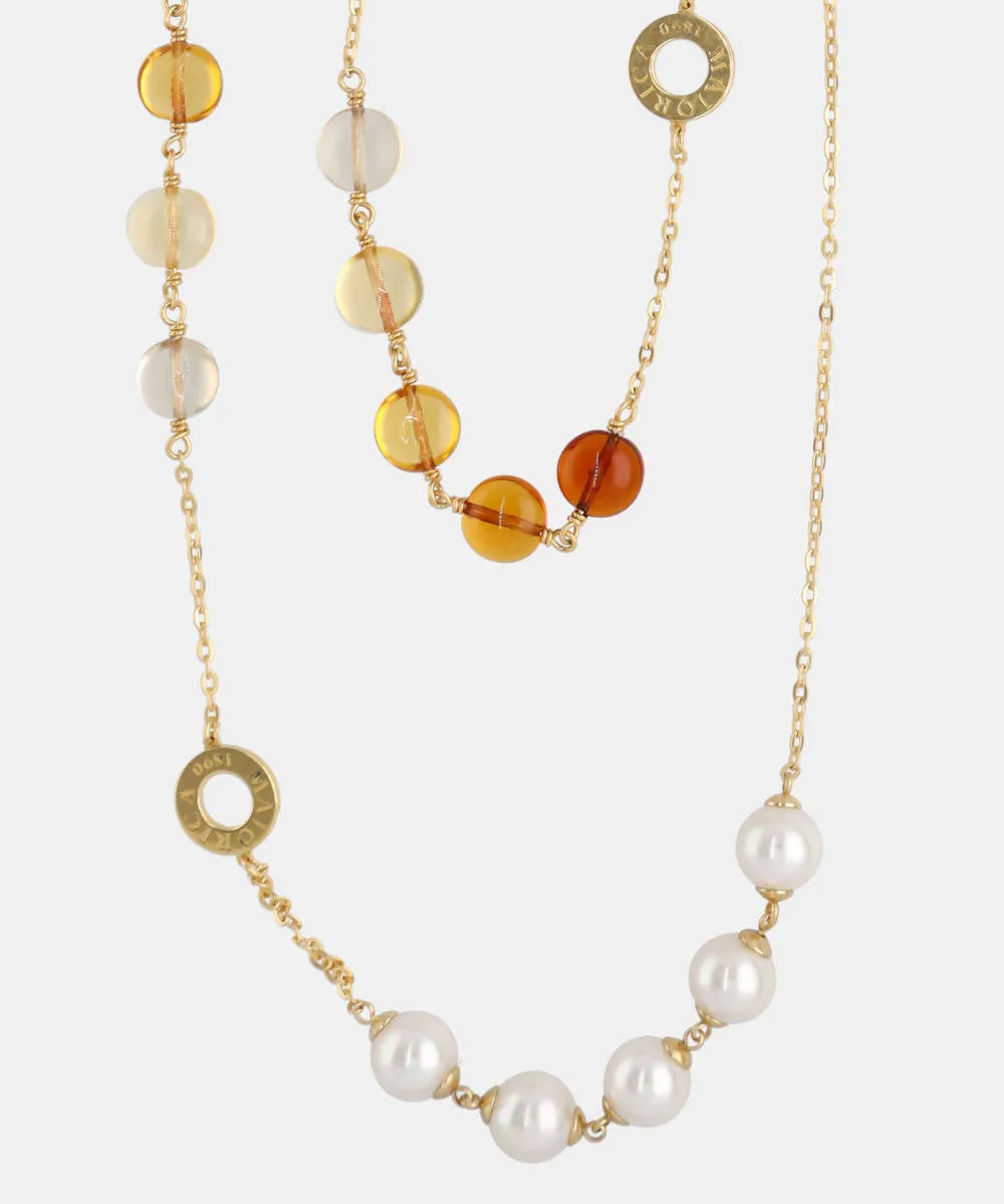 Sterling Silver Gold Plated Necklace for Women with 8mm Round White Pearls and Amber Murano Crystals, 35 Necklace Length, Algaida Collection