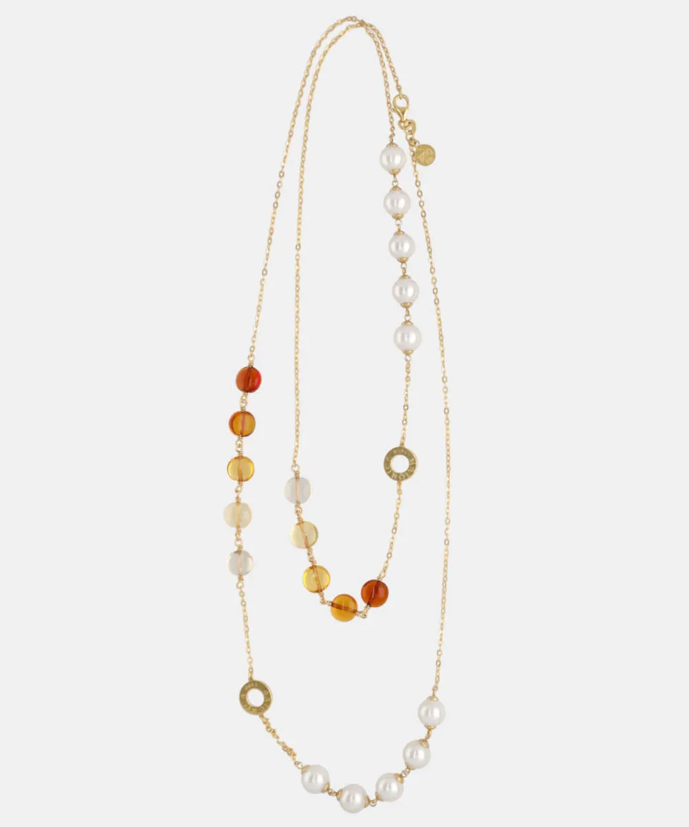 Sterling Silver Gold Plated Necklace for Women with 8mm Round White Pearls and Amber Murano Crystals, 35 Necklace Length, Algaida Collection