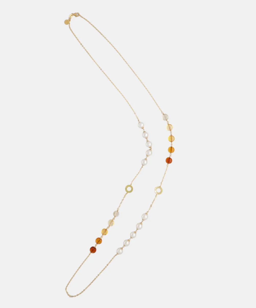 Sterling Silver Gold Plated Necklace for Women with 8mm Round White Pearls and Amber Murano Crystals, 35 Necklace Length, Algaida Collection