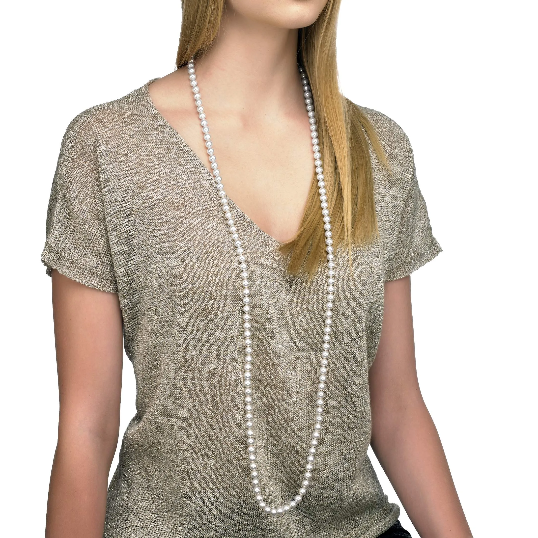 Sterling Silver Necklace for Women with Organic Pearl, 8mm Round White Pearl, 47.2 Length, Jour Collection