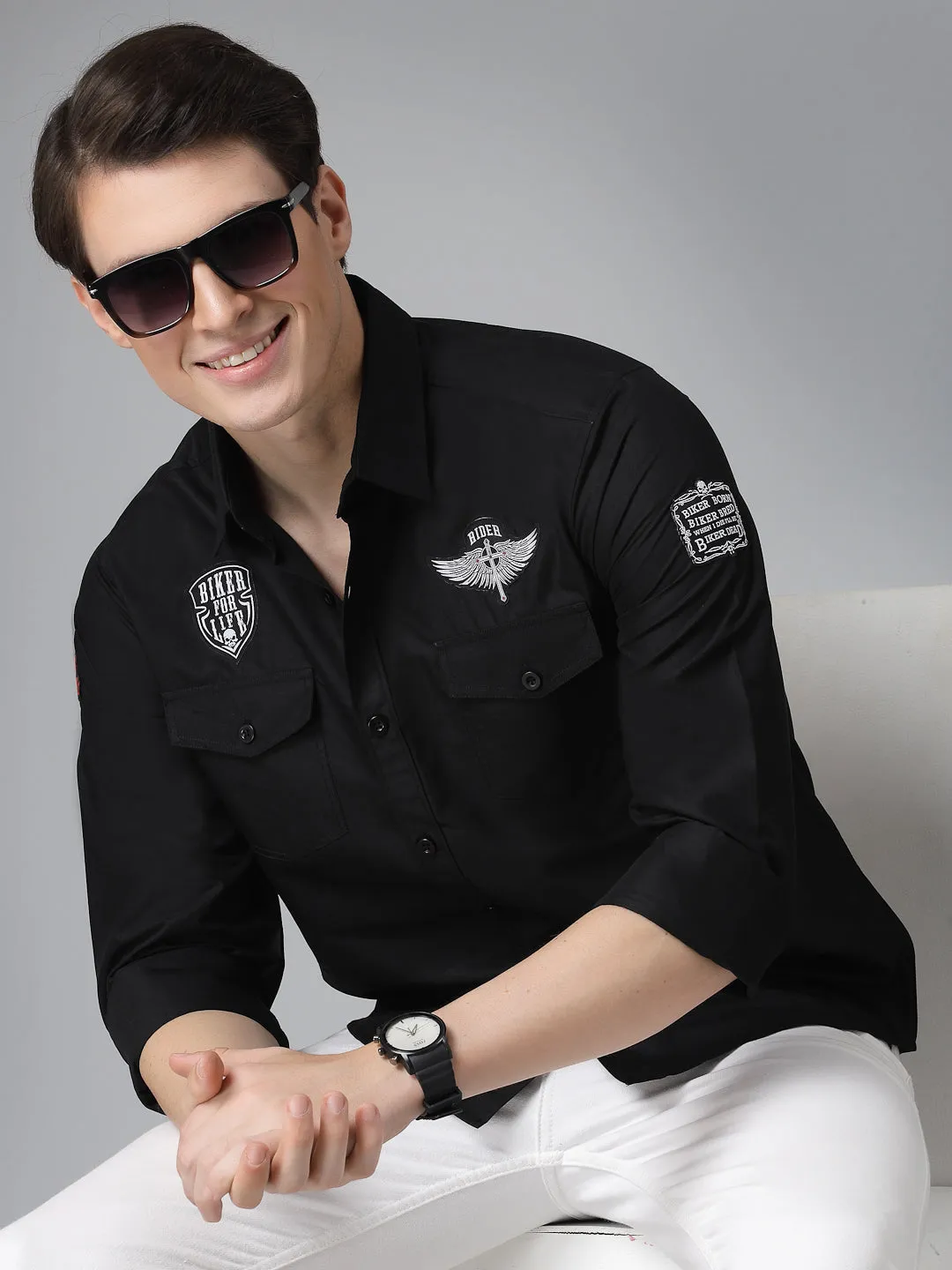 Style Quotient Men Black Biker Patch Polycotton Regular Smart Casual Shirt