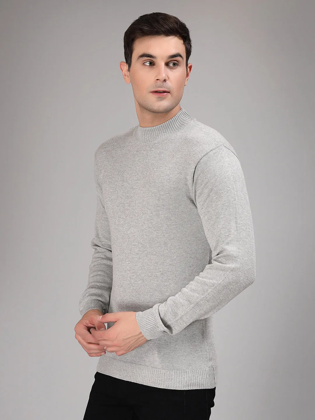 Style Quotient Men Solid Grey Knitted Regular Sweater