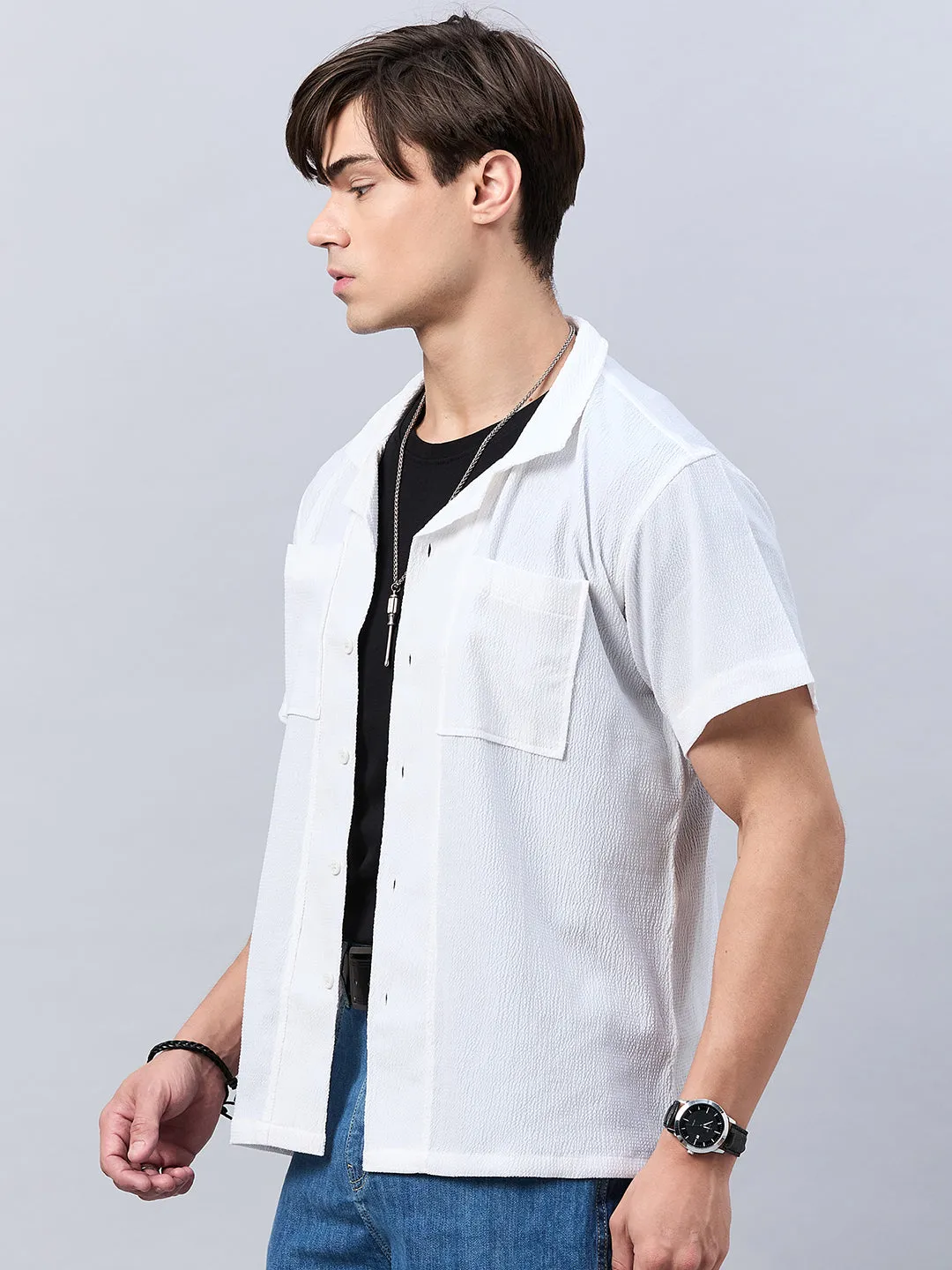 Style Quotient Men White Self Design Dropped Shoulder Shirt