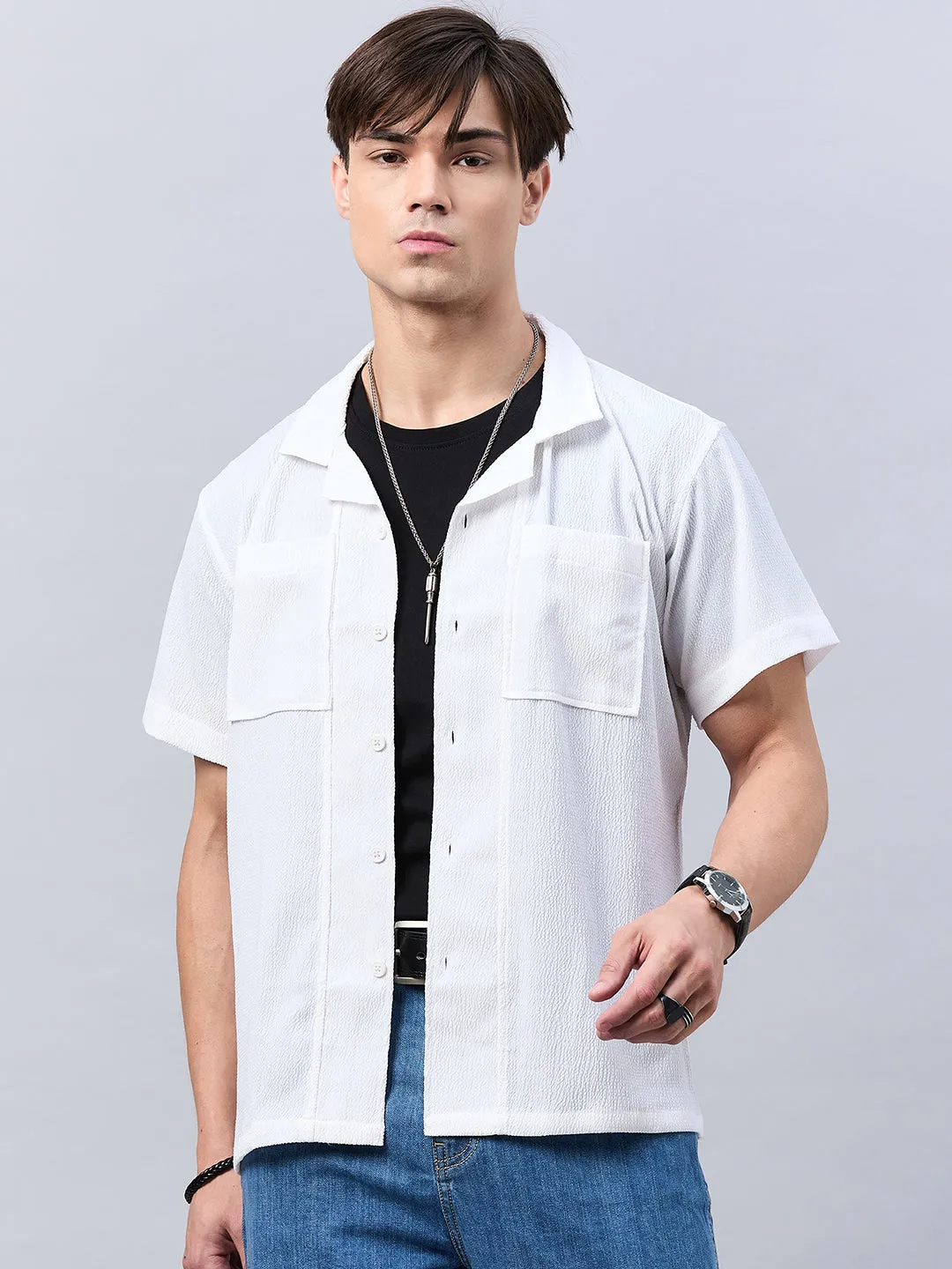 Style Quotient Men White Self Design Dropped Shoulder Shirt