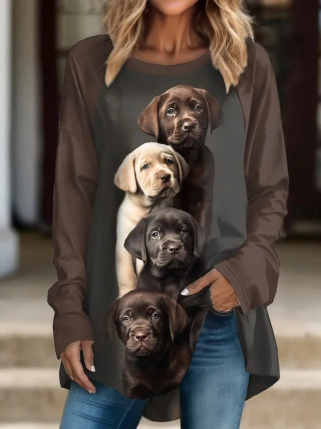 Stylish Women's Dog Print Long Sleeve T-shirt with Round Neck