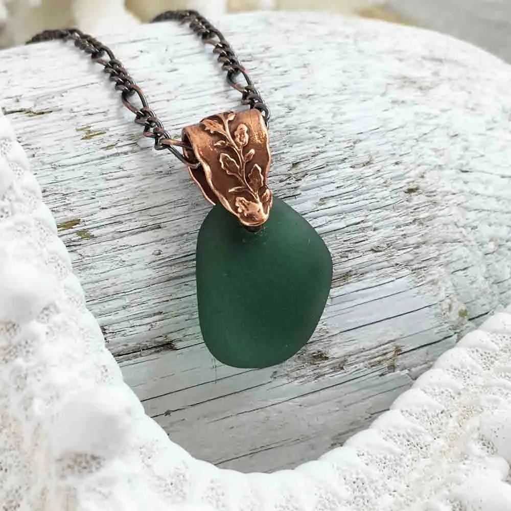 Tealy Olive Green on Bronze Sea Glass Pendant with Branch Bail | #1076