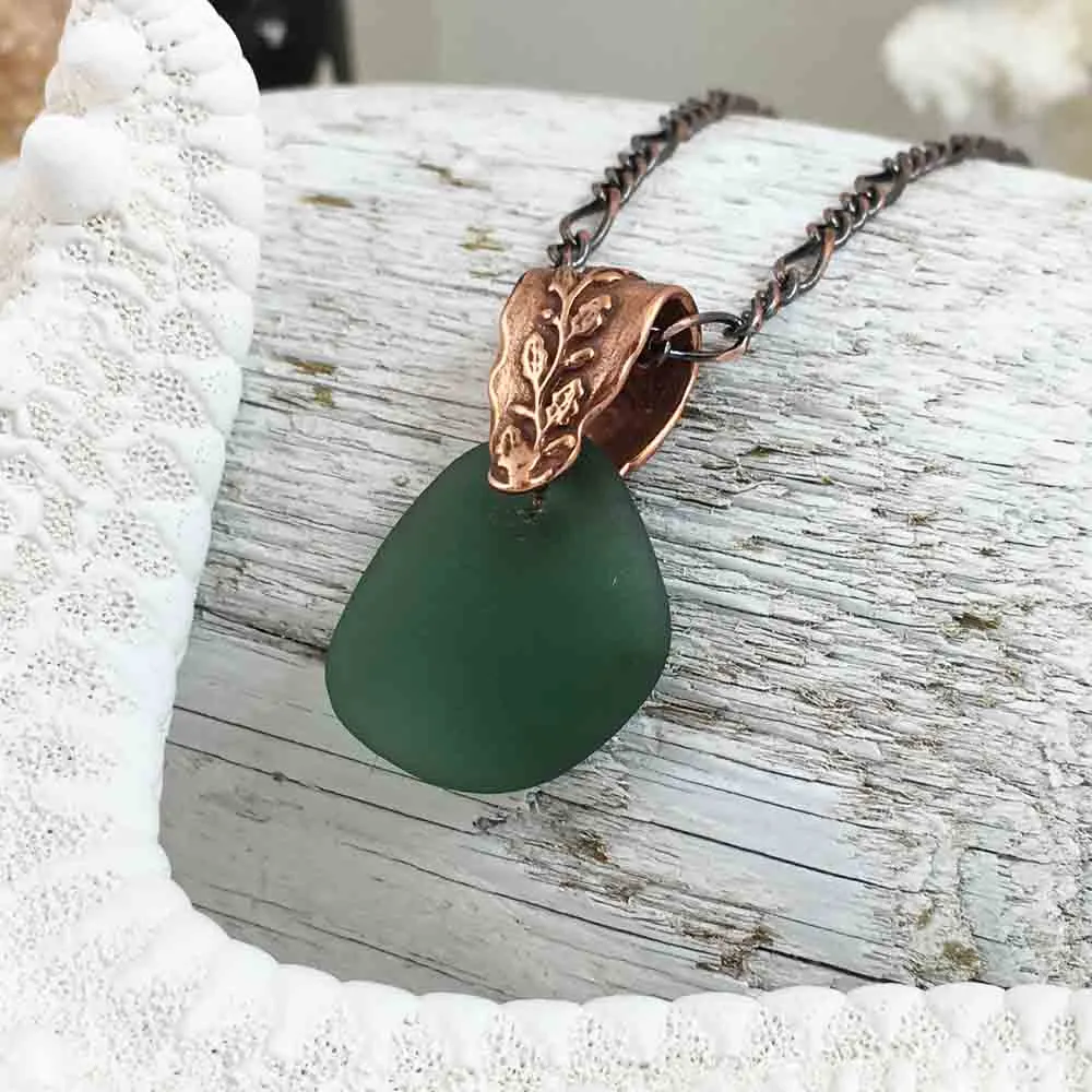 Tealy Olive Green on Bronze Sea Glass Pendant with Branch Bail | #1076