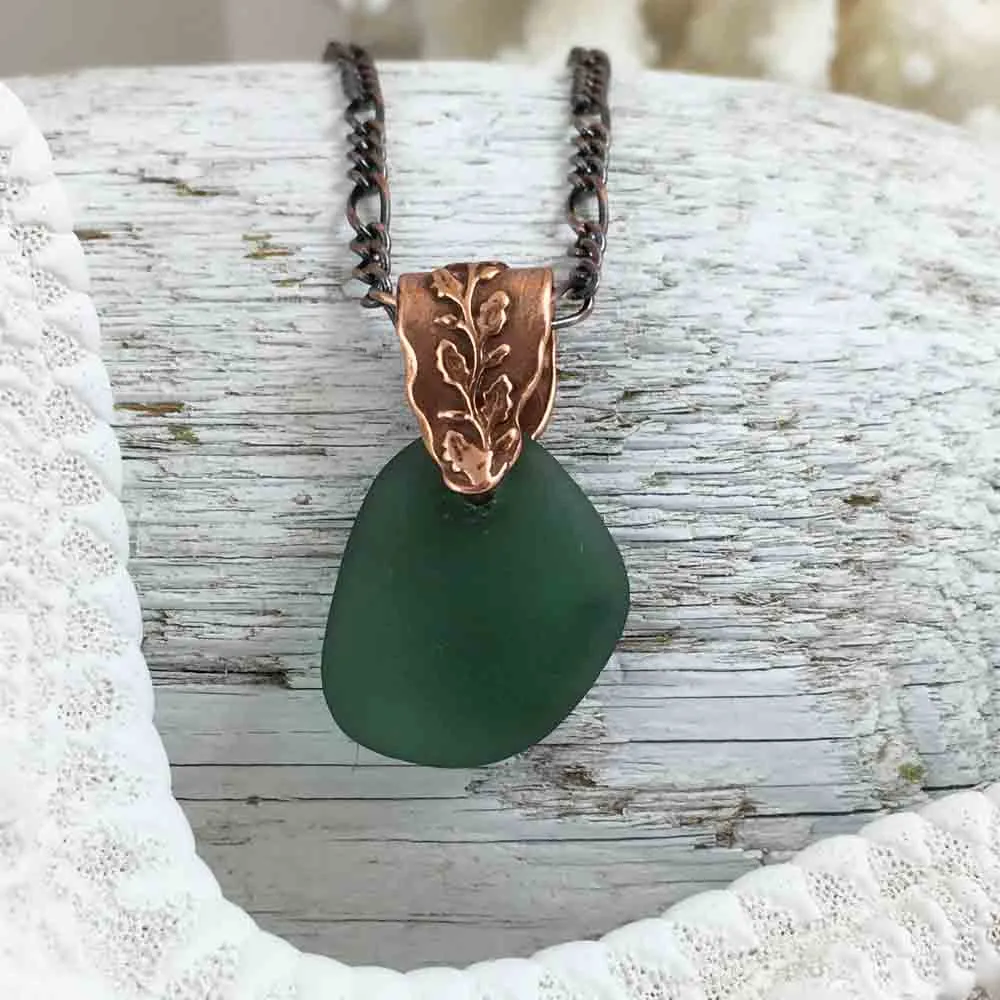 Tealy Olive Green on Bronze Sea Glass Pendant with Branch Bail | #1076