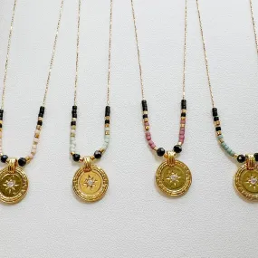 True North Necklace - Beaded Gold Chain with North Star Medallion Pendant Necklace