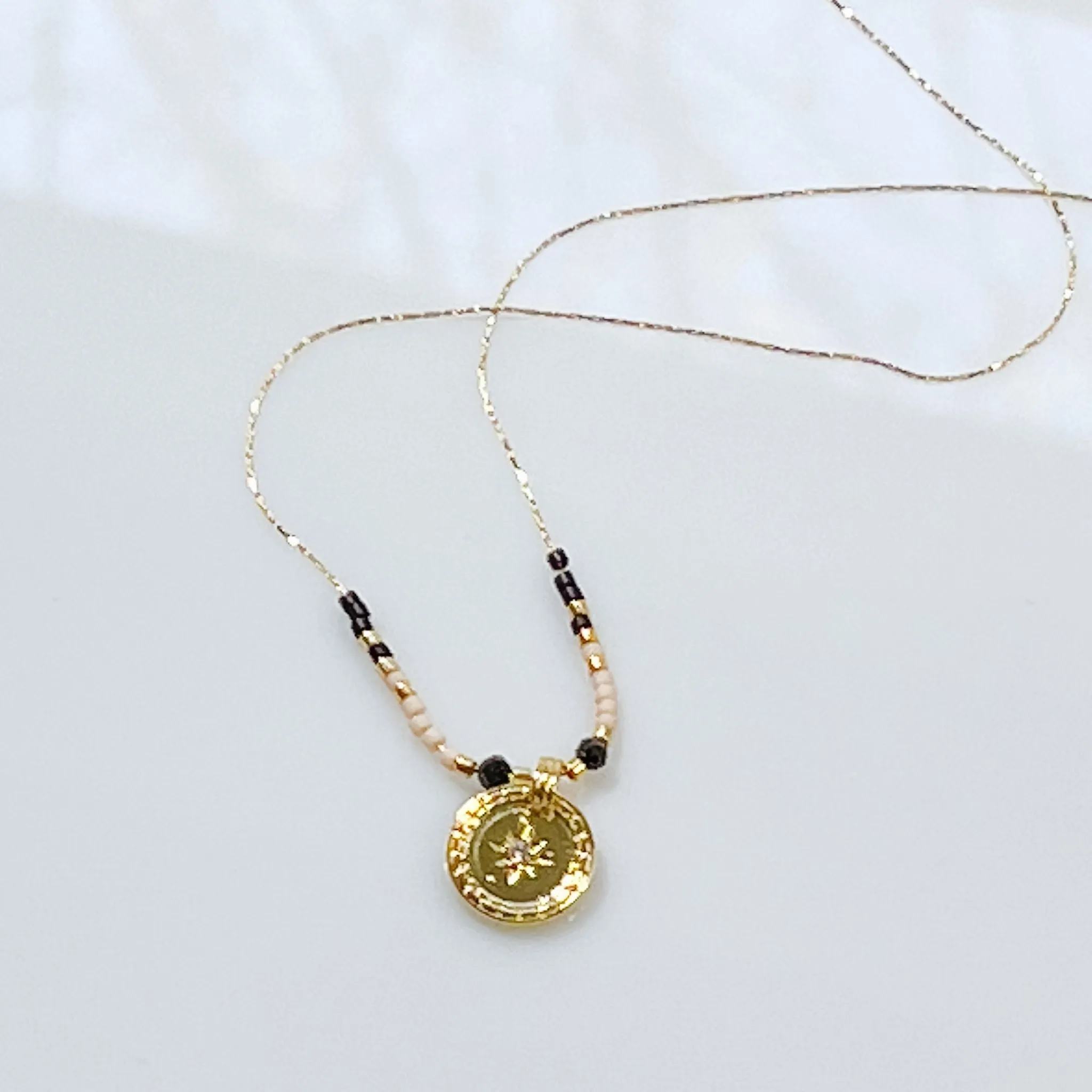 True North Necklace - Beaded Gold Chain with North Star Medallion Pendant Necklace