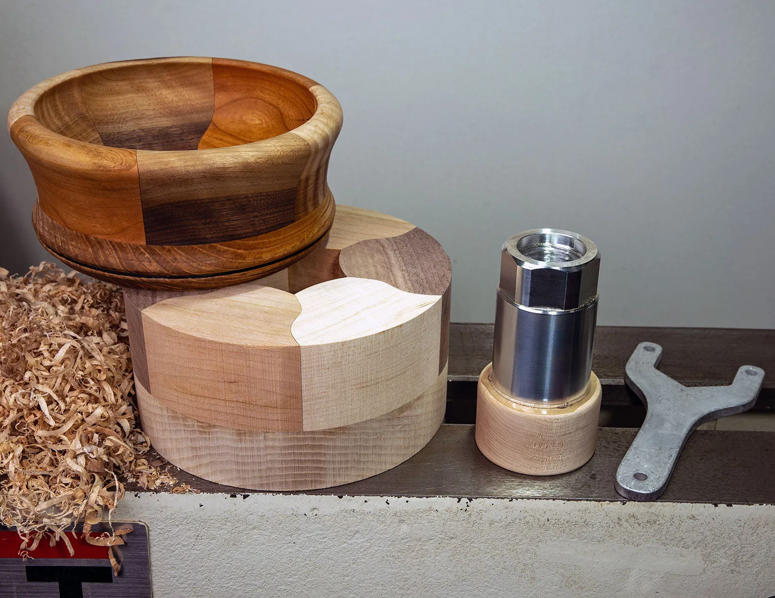 Turners Bundle - Maple/Walnut/Cherry Segmented Bowl Blank plus Glue Hub with waste block and wrench