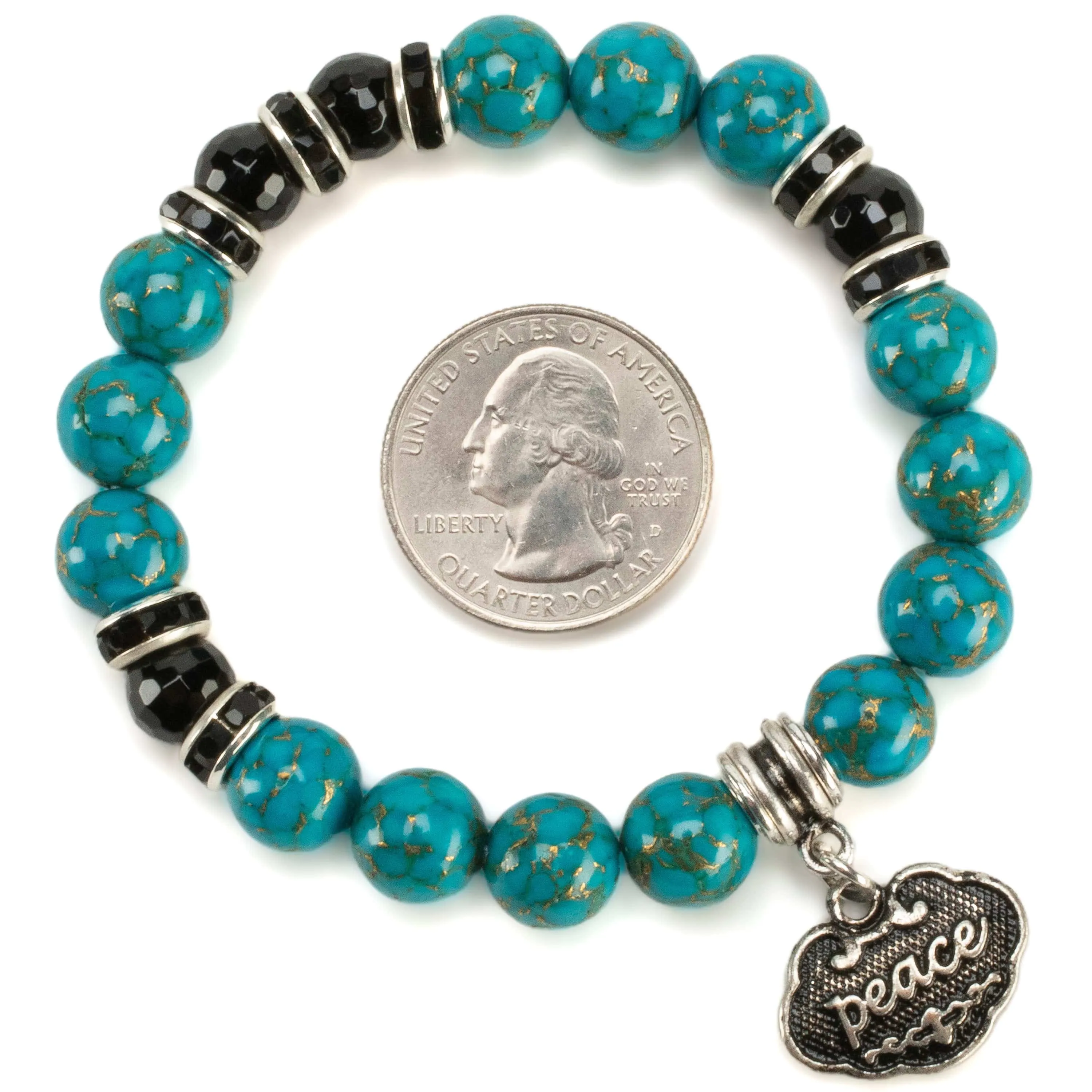 Turquoise 10mm Gemstone Elastic Bead Bracelet with Peace & Black Agate Accent Beads