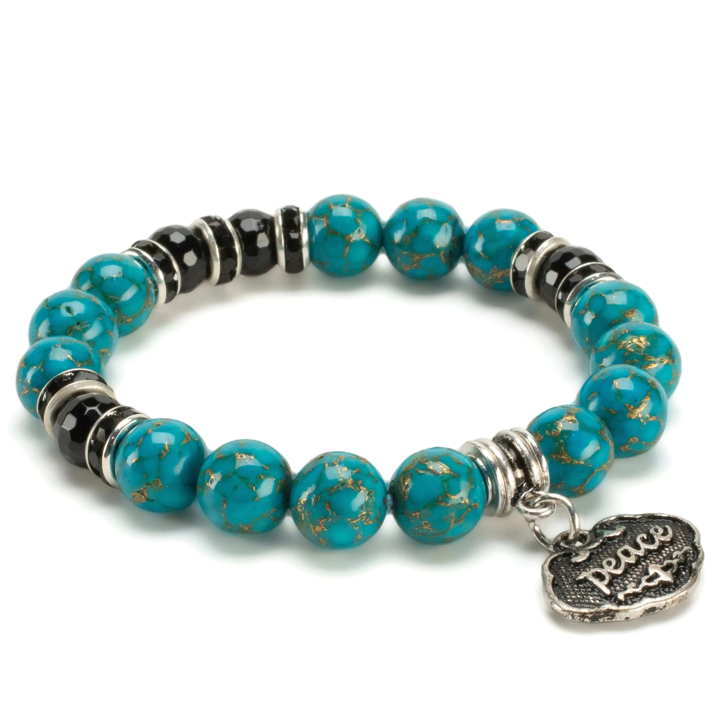 Turquoise 10mm Gemstone Elastic Bead Bracelet with Peace & Black Agate Accent Beads