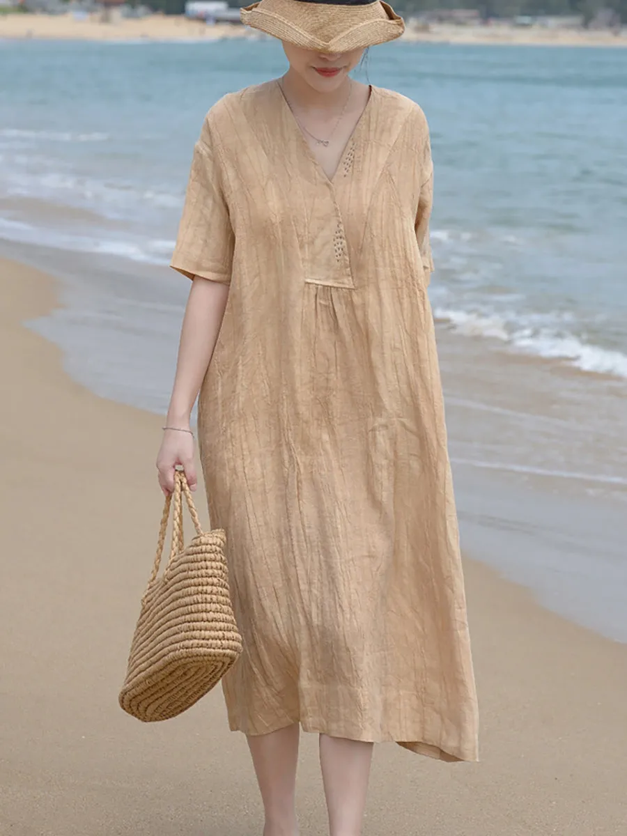 V Neck Vintage Linen Women Loose Dress