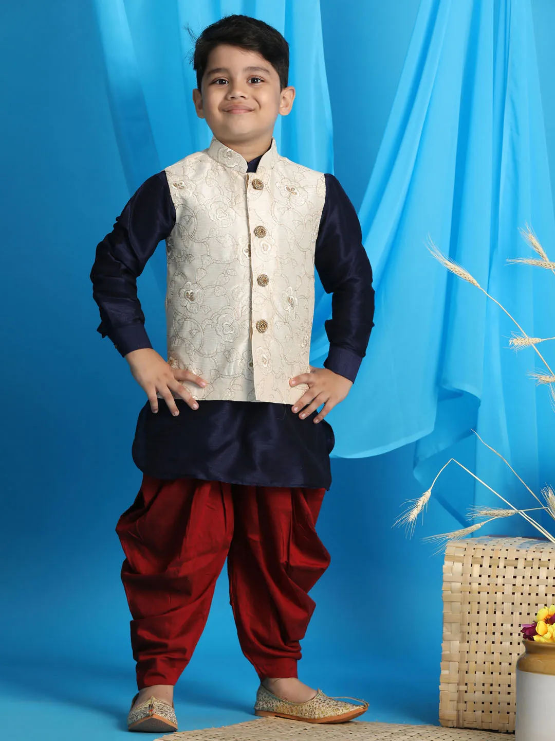 VASTRAMAY Boy's Beige Embroidered Nehru Jacket With Blue Kurta And Maroon Dhoti Set