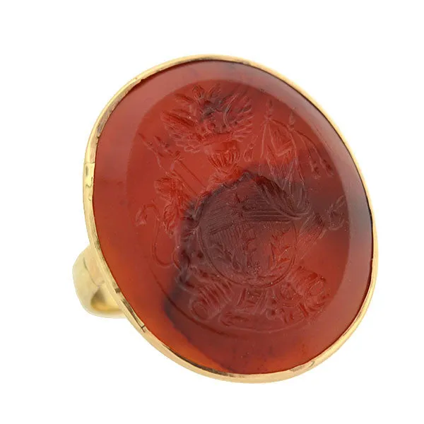 Victorian 10kt Carnelian Intaglio Family Crest Signet Ring